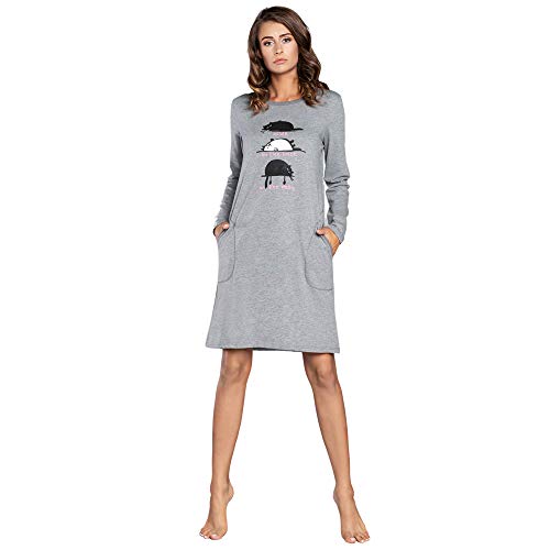 Italian Fashion Damen Nachthemd Nachtwäsche Nachtkleid Aus Baumwolle Rundhals Lässige Schlafhemd Sleepshirt Schlafanzug Damen Sleepwear Mit Vordertasche (XL, Grau) von Italian Fashion