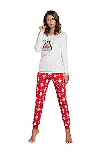 Damen Schlafanzug aus Baumwolle, Ladies’ Pyjama Set Long-Sleeved, Checked Pyjama Set, Night Wear, Soft and warm (XL, Ecru/Muster) von Italian Fashion IF