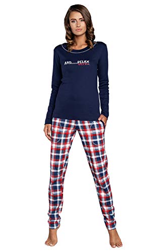 Italian Fashion IF Damen Schlafanzug lang Pyjama Set | Nachtwäsche Hausanzug Langearm Rund Ausschnitt Zweiteiliger Sleepwear M007 (L, Blau Karierte) von Italian Fashion IF