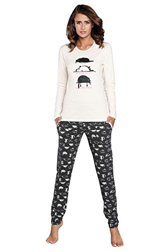 Damen Schlafanzug lang Pyjama Set | Nachtwäsche Hausanzug Langearm Rund Ausschnitt Zweiteiliger Sleepwear M007 (L, Ecru Mehrfarbig) von Italian Fashion IF