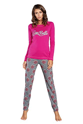 Italian Fashion IF Damen Schlafanzug lang Pyjama Set | Nachtwäsche Hausanzug Langearm Rund Ausschnitt Zweiteiliger Sleepwear M007 (L, Rosa Grau) von Italian Fashion IF