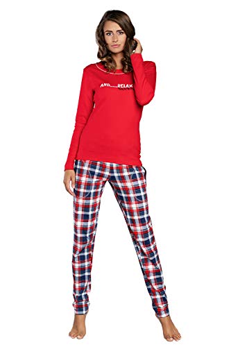 Italian Fashion IF Damen Schlafanzug lang Pyjama Set | Nachtwäsche Hausanzug Langearm Rund Ausschnitt Zweiteiliger Sleepwear M007 (L, Rot Karierte) von Italian Fashion IF