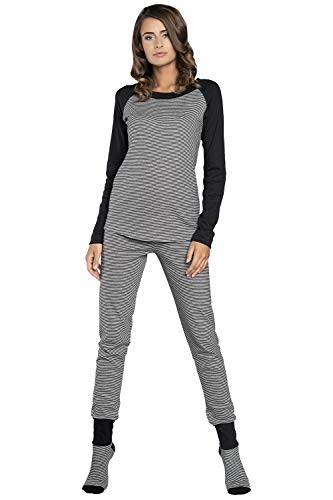 Italian Fashion IF Damen Schlafanzug lang Pyjama Set | Nachtwäsche Hausanzug Langearm Rund Ausschnitt Zweiteiliger Sleepwear M007 (L, Schwarz) von Italian Fashion IF