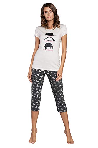 Damen Schlafanzug lang Pyjama Set | Nachtwäsche Hausanzug Langearm Rund Ausschnitt Zweiteiliger Sleepwear M007 (M, Ecru Mehrfarbig Kurz) von Italian Fashion IF