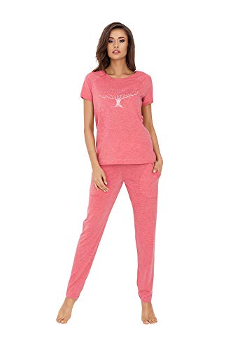 Italian Fashion IF Damen Schlafanzug lang Pyjama Set | Nachtwäsche Hausanzug Langearm Rund Ausschnitt Zweiteiliger Sleepwear M007 (M, Himbeere) von Italian Fashion IF