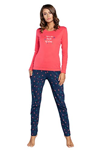 Damen Schlafanzug lang Pyjama Set | Nachtwäsche Hausanzug Langearm Rund Ausschnitt Zweiteiliger Sleepwear M007 (S, Rosa Blau) von Italian Fashion IF