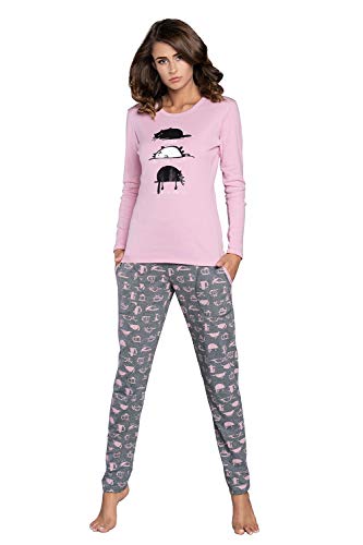 Damen Schlafanzug lang Pyjama Set | Nachtwäsche Hausanzug Langearm Rund Ausschnitt Zweiteiliger Sleepwear M007 (S, Rosa Mehrfarbig) von Italian Fashion IF