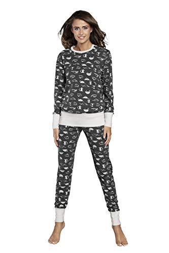 Damen Schlafanzug lang Pyjama Set | Nachtwäsche Hausanzug Langearm Rund Ausschnitt Zweiteiliger Sleepwear M007 (XL, Graphit) von Italian Fashion IF