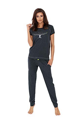 Italian Fashion IF Damen Schlafanzug lang Pyjama Set | Nachtwäsche Hausanzug Langearm Rund Ausschnitt Zweiteiliger Sleepwear M007 (XXL, Dunkel Grau) von Italian Fashion IF