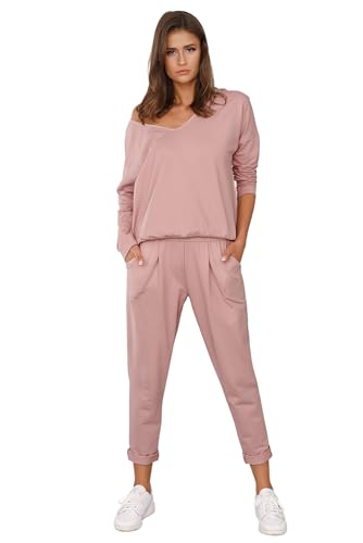 Italian Fashion Damen 2teiliger Sportanzüg Trainingsanzug modisch Set Baumwolle (L, Rosa) von Italian Fashion IF