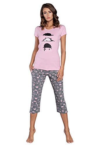 Italian Fashion IF Damen Schlafanzug lang Pyjama Set | Nachtwäsche Hausanzug Langearm Rund Ausschnitt Zweiteiliger Sleepwear M007 (L, Rosa Mehrfarbig Kurz) von Italian Fashion IF