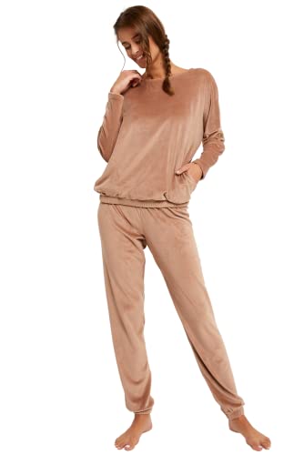 Italian Fashion IF Damen Fleece Hausanzug Schlafanzug Lang Winter Weicher Pyjama Anzug Set Zweiteiliger Bipolar Oberteil mit Taschen und Hose von Italian Fashion