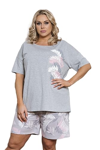 Italian Fashion IF Dracena Damen kurzer Schlafanzug/Shorty aus 100% Baumwolle, grau/rosa mit Federn, Gr. M von Italian Fashion