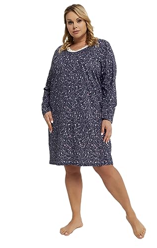 Italian Fashion IF Flora Damen knielanges Nachthemd Langarm aus 100% Baumwolle,dunkelblau mit Blumen, Gr. XL von Italian Fashion IF