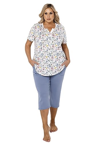 Italian Fashion IF Rosita Damen kurzer Schlafanzug/Pyjama mit Capri aus 100% Baumwolle, blau/weiß mit Blumen, Gr. XXL von Italian Fashion IF