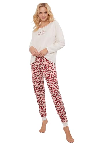 Italian Fashion Schlafanzug Damen Lang | Pyjama Damen Lang Baumwolle | Softes Schlafanzüge | Zweiteiliger Frauen Pyjama Set für den Winter | Warmer Nachtwäsche mit Herzmuster S-XXL von Italian Fashion