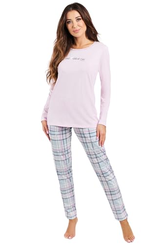 Italian Fashion Schlafanzug Damen Lang | Pyjama Damen Lang Baumwolle | Softes Schlafanzüge | Zweiteiliger Frauen Pyjama Set für den Winter | Warmer Nachtwäsche mit Karomuster S-XXL von Italian Fashion
