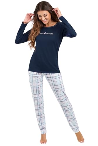Italian Fashion Schlafanzug Damen Lang | Pyjama Damen Lang Baumwolle | Softes Schlafanzüge | Zweiteiliger Frauen Pyjama Set für den Winter | Warmer Nachtwäsche mit Karomuster S-XXL von Italian Fashion