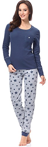Italian Fashion Schlafanzug Damen Lang | Pyjama Damen Lang Baumwolle | Softes Schlafanzüge | Zweiteiliger Frauen Pyjama Set für den Winter | Warmer Nachtwäsche mit Sternmuster S-XXL von Italian Fashion