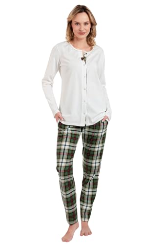 Italian Fashion Schlafanzug Damen Lang | Pyjama Damen Lang Baumwolle | Softes Schlafanzüge mit Knöpfen | Zweiteiliger Frauen Pyjama Set für den Winter | Warmer Nachtwäsche S-XXL von Italian Fashion