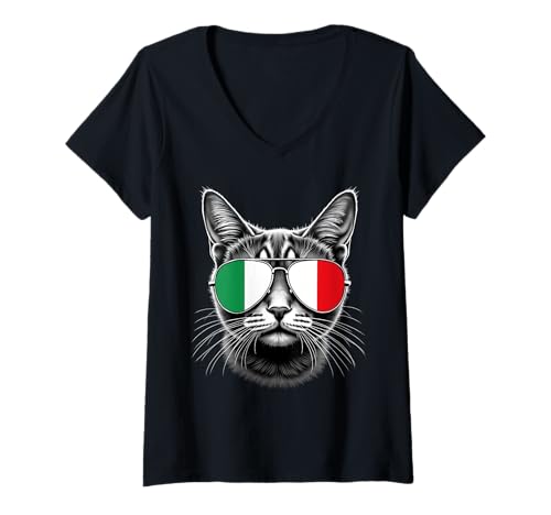 Damen Sonnenbrille mit Italienischer Flagge, Katzengesicht, italienische T-Shirt mit V-Ausschnitt Damen Sonnenbrille mit Italienischer Flagge, Katzengesicht, italienische T-Shirt mit V-Ausschnitt von Italian Flag Designs