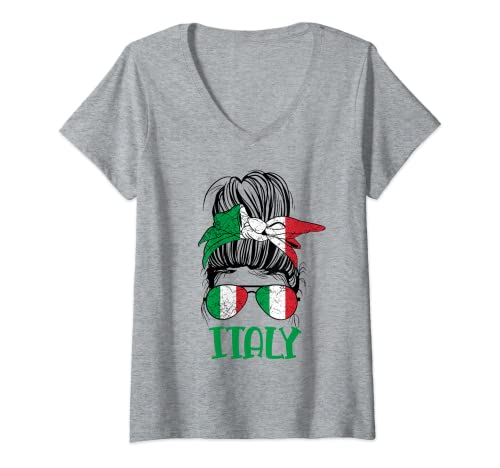 Damen Italienische Flagge für Mädchen, Dutt, Italien, stolze Frau, Kinder, Italien T-Shirt mit V-Ausschnitt von Italian Girl Italy girl Italia woman flag