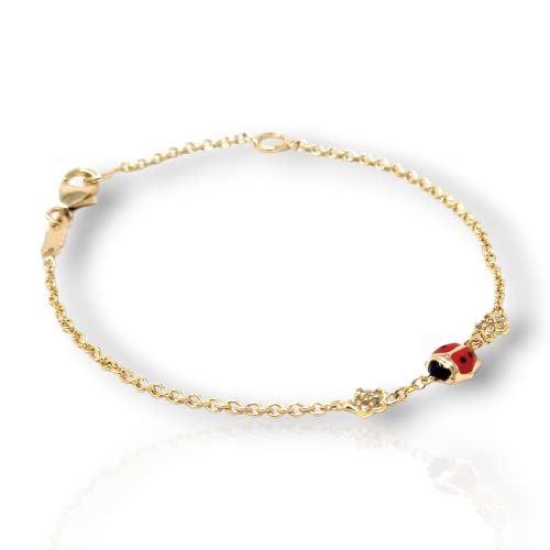 Italian Jewelry and Craftsmanship Rotes Marienkäfer-Armband aus 18 Karat (750) Gelbgold für Babys oder Kinder, Unisex, Rolokette, doppelte Größe, verstellbar, mit Blumen, Taglia unica, Gelbgold, von Italian Jewelry and Craftsmanship