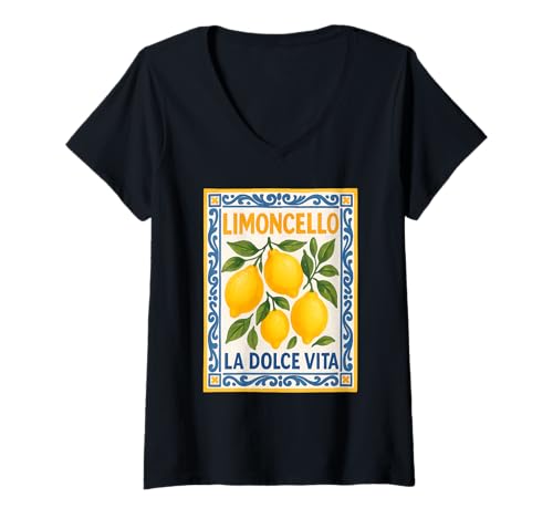 Damen Limoncello La Dolce Vita Vintage Italienische Zitronen T-Shirt mit V-Ausschnitt Damen Limoncello La Dolce Vita Vintage Italienische Zitronen T-Shirt mit V-Ausschnitt von Italian Lemon Art Mediterranean Vibes Style