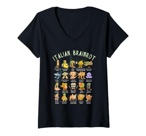 Damen Arten von italienischen Brainrot Meme Charakter Handgezeichnete Teenager T-Shirt mit V-Ausschnitt Damen Arten von italienischen Brainrot Meme Charakter Handgezeichnete Teenager T-Shirt mit V-Ausschnitt von Italian Meme Brainrot Kids Character Art