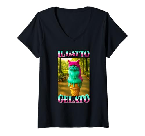 Damen Gatto Gelato Funny Meme cat T-Shirt mit V-Ausschnitt von Italian funny meme brainrot