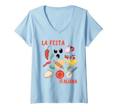 Damen La Festa Italiana grafische italienische Gemüsepizza T-Shirt mit V-Ausschnitt Damen La Festa Italiana grafische italienische Gemüsepizza T-Shirt mit V-Ausschnitt von Italian vegetable La festa Italiana