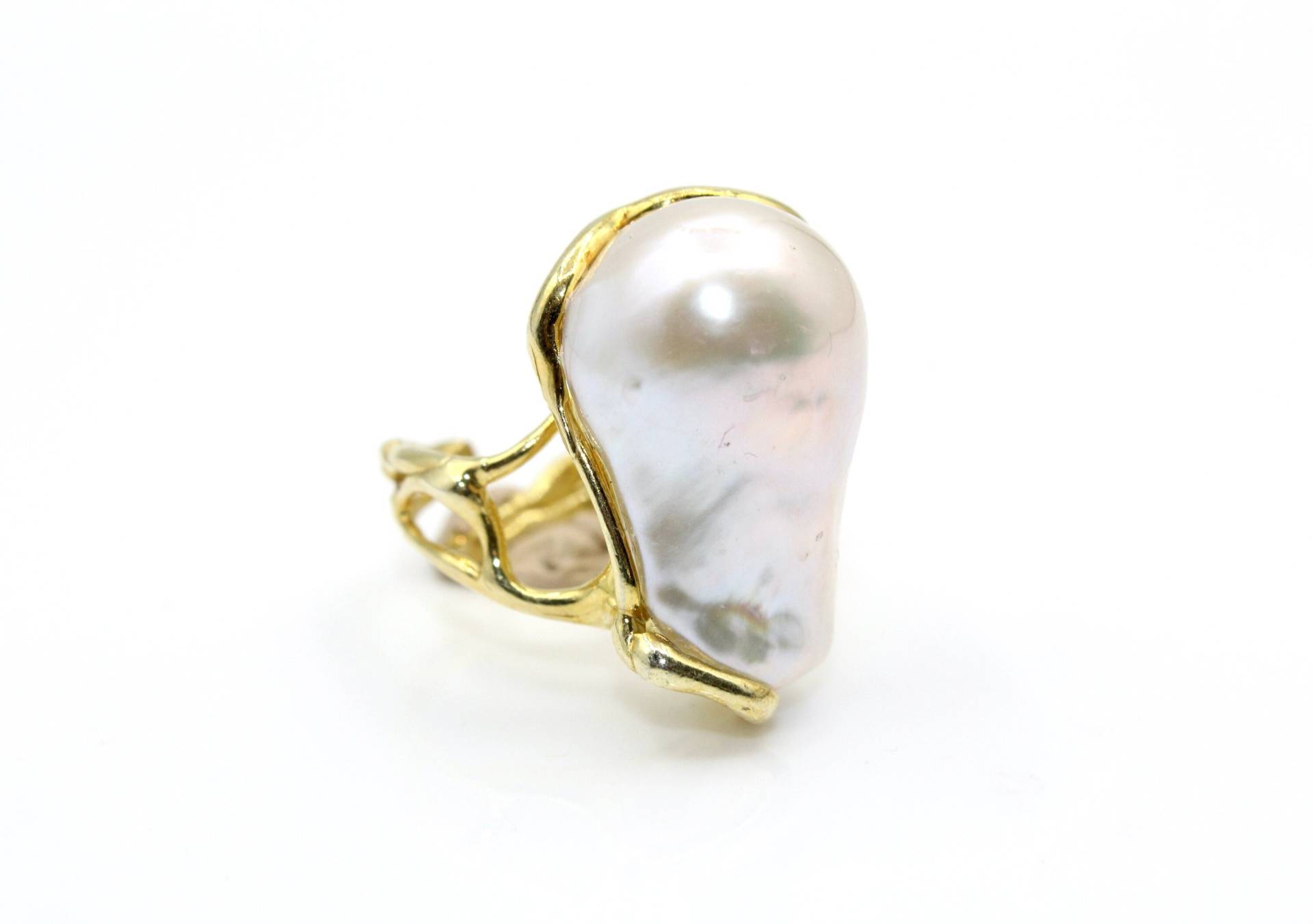 Weißer Barockperle Ring, Vergoldet, 925 Sterling Silber, Natürliche Süßwasserperle Verstellbarer von ItalianCoralPearl