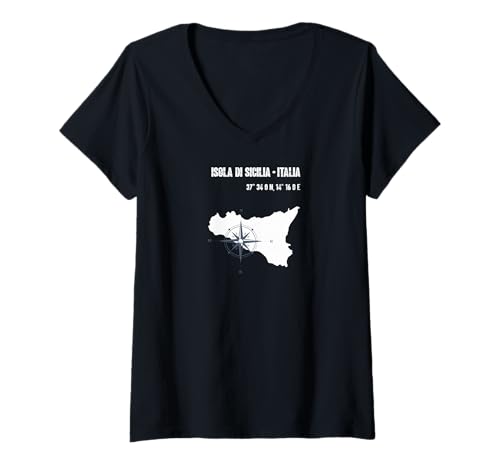 Damen Isola di Sicilia Design mit Kompass und Koordinate T-Shirt mit V-Ausschnitt Damen Isola di Sicilia Design mit Kompass und Koordinate T-Shirt mit V-Ausschnitt von Italien-Motiv für Reiseliebhaber