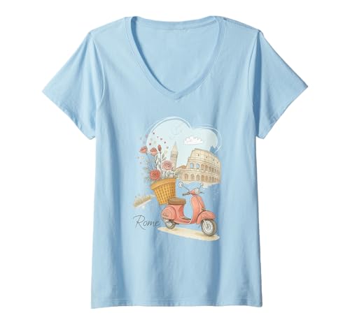 Damen Rom Italien Blumen Kolosseum Motiv T-Shirt mit V-Ausschnitt Damen Rom Italien Blumen Kolosseum Motiv T-Shirt mit V-Ausschnitt von Italien Reise Souvenir