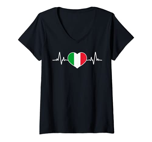 Damen Italien Herzschlag. T-Shirt mit V-Ausschnitt von Italienische Flagge & Italienisches Geschenk