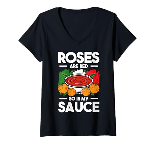 Damen Roses Are Red So is My Sauce Meatball Italy Lover T-Shirt mit V-Ausschnitt von Italienisches Gericht Designs Küche Idee