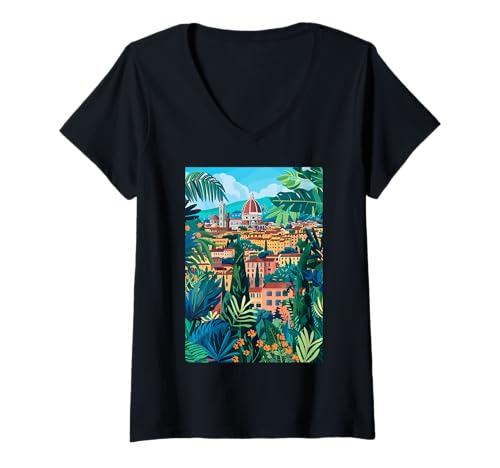 Damen Florenz Italien Ästhetische Kunst T-Shirt mit V-Ausschnitt von Italy Aesthetic Minimalist Art (Florence)