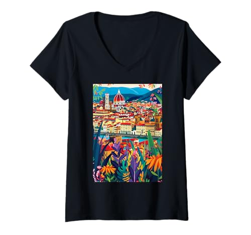 Damen Florenz Italien Kunst T-Shirt mit V-Ausschnitt von Italy Aesthetic Minimalist Art (Florence)