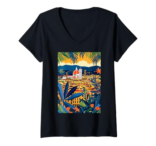 Damen Florenz Italien Minimalistische Kunst T-Shirt mit V-Ausschnitt von Italy Aesthetic Minimalist Art (Florence)