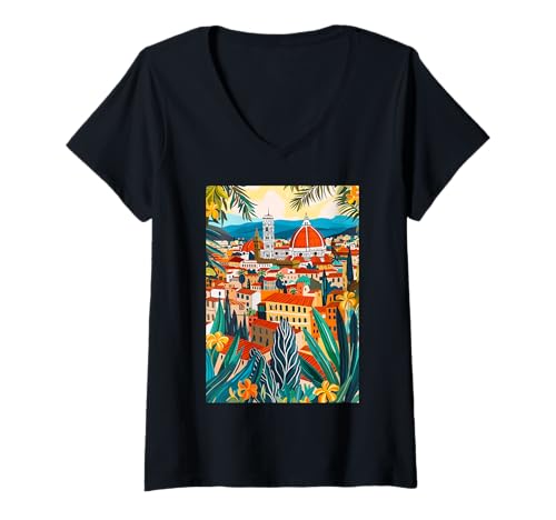 Damen Florenz Natur Italien Kunst T-Shirt mit V-Ausschnitt von Italy Aesthetic Minimalist Art (Florence)