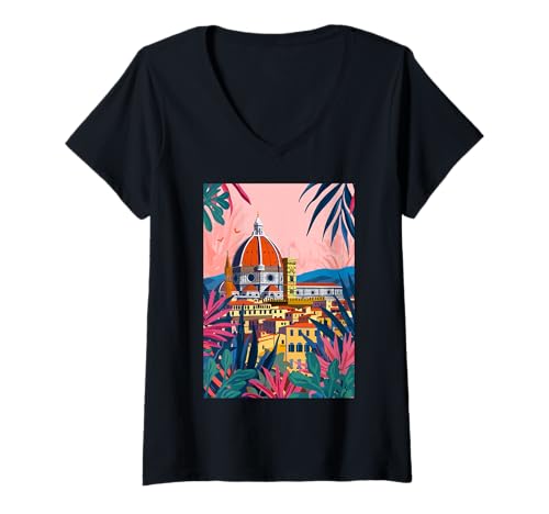 Damen Italien Florenz Ästhetische Kunst T-Shirt mit V-Ausschnitt von Italy Aesthetic Minimalist Art (Florence)