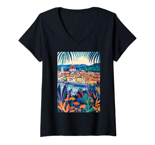 Damen Italien Florenz Kunst Minimalistisch T-Shirt mit V-Ausschnitt von Italy Aesthetic Minimalist Art (Florence)