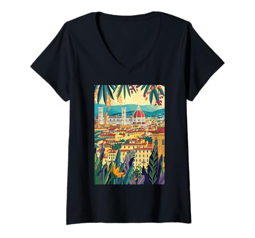 Damen Italien Florenz Minimalistische Kunst T-Shirt mit V-Ausschnitt von Italy Aesthetic Minimalist Art (Florence)