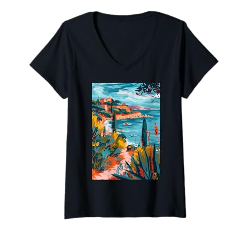 Damen Italien Thema Maremma Illustration T-Shirt mit V-Ausschnitt von Italy Aesthetic Minimalist Art (Maremma)