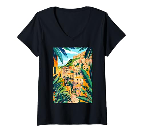 Damen Italien Thema Matera Ästhetische Kunst T-Shirt mit V-Ausschnitt von Italy Aesthetic Minimalist Art (Matera)