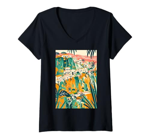 Damen Italien Thema Matera Illustration T-Shirt mit V-Ausschnitt von Italy Aesthetic Minimalist Art (Matera)