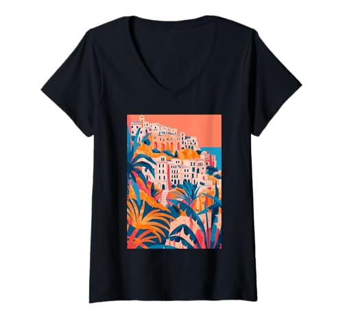 Damen Italien Thema Matera Travel Art T-Shirt mit V-Ausschnitt von Italy Aesthetic Minimalist Art (Matera)