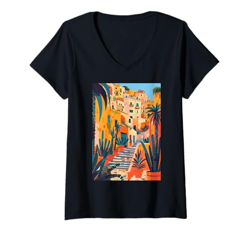 Damen Matera Art Italien Thema Ästhetik T-Shirt mit V-Ausschnitt von Italy Aesthetic Minimalist Art (Matera)