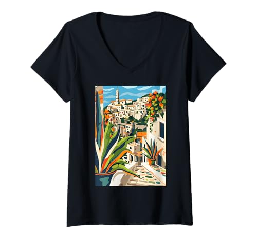 Damen Matera Art Italien Thema T-Shirt mit V-Ausschnitt von Italy Aesthetic Minimalist Art (Matera)