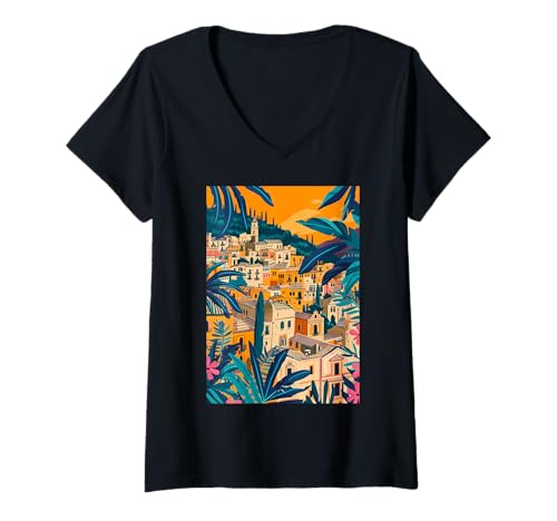 Damen Matera Italien Thema Ästhetische Kunst T-Shirt mit V-Ausschnitt von Italy Aesthetic Minimalist Art (Matera)